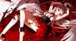  armpits arms_up barefoot blood blood_on_face bloody_clothes bloody_weapon feathered_wings ia_(vocaloid) layered_skirt long_hair looking_at_viewer lying on_back parted_lips pink_hair purple_eyes red_skirt restrained shirt skirt sleeveless sleeveless_shirt solo suspender_skirt suspenders torn_clothes torn_shirt vocaloid weapon white_shirt white_wings wings yuuki_kira 