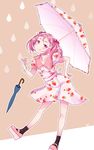  :q alternate_costume bangle bracelet brown_background bunny closed_umbrella collar dress food_print frilled_shirt_collar frills hair_bobbles hair_ornament hair_strand hand_on_hip head_tilt holding holding_umbrella jewelry kantai_collection leaning_forward legs_apart looking_at_viewer mary_janes parasol pink_dress pink_eyes pink_footwear pink_hair platform_footwear raindrop_print sazanami_(kantai_collection) shoes short_hair short_sleeves smile socks solo standing strawberry_print striped striped_legwear sumeragi_hamao tongue tongue_out twintails umbrella vertical-striped_legwear vertical_stripes 