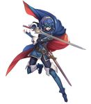 blue_hair cape falchion_(fire_emblem) fingerless_gloves fire_emblem fire_emblem:_kakusei fire_emblem_heroes full_body gloves highres holding holding_sword holding_weapon jewelry lucina maiponpon male_focus marth_(fire_emblem:_kakusei) mask official_art open_mouth sheath short_hair solo standing sword thighhighs tiara transparent_background weapon 