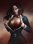  black_hair breasts cleavage dc_comics dress embers formal highres large_breasts long_hair looking_at_viewer open_clothes open_shirt parted_lips qichao_wang shirt solo super_suit_under_clothes superhero tiara upper_body wonder_woman wonder_woman_(series) 