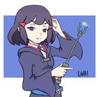 avery_(little_witch_academia) belt commentary copyright_name hair_ornament little_witch_academia looking_at_viewer purple_hair robe short_hair solid_circle_eyes solo upper_body wand wide_sleeves witch xypherzx 