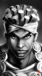  &gt;:) absurdres close-up closed_mouth dark_skin dark_skinned_male face facepaint greyscale hairlocs headband highres jewelry jojo_no_kimyou_na_bouken lips looking_at_viewer male_focus mohammed_avdol monochrome necklace portrait signature smile solo stardust_crusaders tete_(amakuchichiyoko) thick_eyebrows upper_body v-shaped_eyebrows watermark 