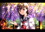  black_hair brown_eyes collarbone day flower long_hair looking_at_viewer morerin neckerchief original outdoors parted_lips petals purple_flower red_neckwear school_uniform serafuku shirt solo standing sunlight upper_body white_shirt 