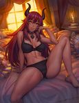  absurdres airomed barefoot bed black_bra black_panties borrowed_character bra breasts breasts_apart collar highres horns indoors large_breasts long_hair looking_at_viewer navel on_bed original panties parted_lips partially_visible_vulva pillow red_hair sitting slit_pupils solo speh spread_legs sweat thighs underwear underwear_only yellow_eyes 