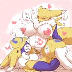  &lt;3 anthro big_breasts black_sclera blue_eyes blush breasts canine chest_tuft cowgirl_position digimon duo eyes_closed fdokkaku female female/female fox fur happy happy_sex huge_breasts japanese_text lying mammal nipples nude on_back on_top pregnant pubes pussy pussy_juice renamon sex text thick_thighs tuft white_fur yellow_fur 
