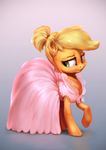  2017 applejack_(mlp) assasinmonkey blonde_hair clothed clothing dress equine female feral friendship_is_magic grey_background hair horse mammal my_little_pony pony simple_background solo 