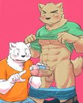  abs absurd_res anthro balls blush canine clothed clothing colored erection hi_res male male/male mammal muscular pants_down partially_clothed pecs penis pink_background royalsobatya simple_background underwear 