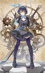  alice_(sinoalice) black_dress black_footwear black_hair brown_eyes chain checkered checkered_floor dress full_body gears hairband highres idco looking_at_viewer open_mouth pocket_watch purple_legwear shoes short_hair sinoalice solo standing sword thighhighs watch weapon 