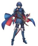  belt blue_hair cape falchion_(fire_emblem) fingerless_gloves fire_emblem fire_emblem:_kakusei fire_emblem_heroes full_body gloves highres jewelry lucina maiponpon male_focus marth_(fire_emblem:_kakusei) mask official_art short_hair solo standing sword thighhighs tiara transparent_background weapon 