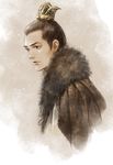  brown_background brown_eyes brown_hair fur_trim graphite_(medium) guan_hat highres ko_hokoryoku lin_shu looking_to_the_side male_focus nirvana_in_fire solo topknot traditional_media upper_body 