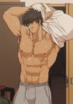  1boy abs armpit bara black_hair male_focus marototori muscle nipples pecs shirt_lift solo_focus sweat topless undressing 