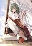  2017 adapted_costume arm_support artist_name binying blouse bra bra_peek breasts buttons cleavage collarbone commentary_request dated derivative_work dress flower food foreshortening frills full_body garter_straps green_hair hair_flower hair_ornament half-closed_eyes hand_up high_heels holding ice_cream kazami_yuuka knee_up long_sleeves looking_at_viewer medium_hair off_shoulder parfait parted_lips plaid red_eyes sitting solo sundae thighhighs touhou underwear wafer_stick white_legwear 