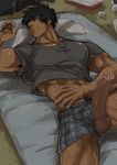  1boy abs bed black_hair body_hair erection facial_hair looking_at_viewer lying male_focus marototori muscle penis smile solo testicles tissue underwear 