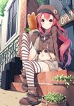  bag belly_peek boots bread brown_eyes commentary_request food hat kurimu_(yappen) long_hair long_sleeves looking_at_viewer midriff navel original paper_bag plant potted_plant red_hair revision shorts sitting sitting_on_stairs smile solo stairs striped striped_legwear thighhighs yappen 