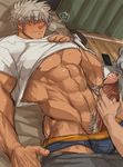  abs bed bedroom blush lying male_focus marototori muscle nipples pecs penis_grab pubic_hair shirt_lift solo_focus steam sweat underwear undressing 