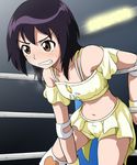  bare_shoulders bioroid_hei black_hair boots brown_eyes commentary elbow_pads midriff no_mask solo spring_tiger sweat takaoka_haruna tiger_mask_(series) tiger_mask_w wrestling_outfit wrestling_ring 