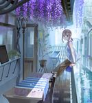  aspara black_eyes blush brown_hair chair eyebrows_visible_through_hair flower highres looking_at_viewer original plant potted_plant railing short_hair sitting smile solo table tablecloth window wisteria 