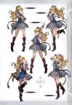  absurdres armpits arms_up bangs blonde_hair boots brown_legwear character_name detached_sleeves dress granblue_fantasy hand_on_hip highres holding layered_skirt leg_up long_hair looking_at_viewer looking_back microphone minaba_hideo multiple_views non-web_source official_art open_mouth ponytail puffy_sleeves red_eyes scan short_dress simple_background vira_lilie white_background wrist_cuffs 