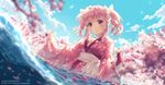 2017 artist_name bangs blue_sky blurry bow breasts cherry_blossoms collarbone commentary day depth_of_field english_commentary eyebrows_visible_through_hair fingerless_gloves floral_print from_below gloves hair_bow head_tilt japanese_clothes kimono long_sleeves looking_at_viewer looking_down medium_breasts moe!_ninja_girls momochi_myu official_art outdoors parted_lips partially_submerged petals petals_on_liquid pink_hair pink_kimono pond red_eyes red_gloves rosuuri sash sidelocks sky solo spring_(season) tareme two_side_up upper_body water water_drop white_bow wide_sleeves 