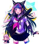  black_hair black_nails black_skirt choker danganronpa eyebrows_visible_through_hair gloves guitar_case hairband highres huyandere instrument_case jewelry lip_piercing long_hair mioda_ibuki multicolored_hair multiple_girls nail_polish nanami_chiaki necklace open_mouth piercing pink_eyes pink_hair pleated_skirt school_uniform serafuku skirt solo_focus super_danganronpa_2 surprised thighhighs torn_clothes torn_legwear 