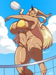  1girl bikini blazbaros blonde_hair breasts cleavage curvy dark_skin gigantic_breasts jumping long_hair monster_musume_no_iru_nichijou open_mouth orange_eyes smile solo thick_thighs tionishia underboob volleyball wide_hips 