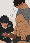  2boys abs bara black_hair blush body_hair cum erection male_focus marototori multiple_boys muscle naughty_face pecs penis presenting shirt_lift size_difference smile sweat undressing yaoi 