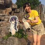  1boy 2girls animal asian bangs bird black_hair brown_eyes clothes_writing cutout day glove grape-kun headphones holding hoodie humboldt_penguin humboldt_penguin_(kemono_friends) kemono_friends logo long_hair meme multiple_girls penguin photo plant posing rock seiyuu short_hair shorts smile streaked_hair t-shirt title zoo 