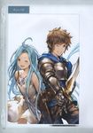  1girl ;d absurdres armor arms_behind_back bangs blue_eyes blue_hair blush brown_eyes brown_hair dress eyebrows_visible_through_hair gauntlets gran_(granblue_fantasy) granblue_fantasy highres holding holding_weapon long_hair looking_at_viewer lyria_(granblue_fantasy) minaba_hideo non-web_source official_art one_eye_closed open_mouth pants scan short_dress short_hair simple_background smile sword weapon white_dress 