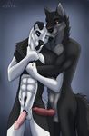  2017 5_fingers abs anthro anthro_on_anthro balls black_fur black_hair black_nose blue_eyes body_hair canine chest_hair cinta dalmatian dog duo erection fur grey_fur hair knot male male/male mammal mixer1981 mulitcolored_fur muscular nails penis pink_penis pubes red_eyes red_penis scar simple_background smile spots standing vein white_fur white_hair wolf 
