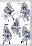  absurdly_long_hair absurdres armpits arms_up asymmetrical_legwear bare_shoulders blue_eyes blue_hair character_name collarbone detached_sleeves dress elbow_gloves gloves granblue_fantasy hair_ornament hand_on_hip highres holding long_hair looking_at_viewer lyria_(granblue_fantasy) microphone minaba_hideo multiple_views non-web_source official_art one_eye_closed open_mouth ribbon scan shoes short_dress simple_background sleeveless smile very_long_hair white_legwear 