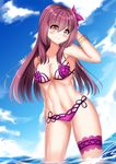  bikini breasts fate/grand_order fate_(series) flower hair_flower hair_ornament hibiscus highres katou_shinobu long_hair medium_breasts ocean one-piece_swimsuit pink_swimsuit purple_hair red_eyes scathach_(fate)_(all) scathach_(swimsuit_assassin)_(fate) solo swimsuit 