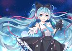  :d absurdly_long_hair black_bow black_skirt blue_eyes blue_hair blue_neckwear blue_ribbon bow chuor_(chuochuoi) cowboy_shot gloves hair_between_eyes hair_bow hatsune_miku headphones highres holding holding_microphone long_hair looking_at_viewer magical_mirai_(vocaloid) microphone microphone_stand necktie open_mouth ribbon shirt skirt sleeveless sleeveless_shirt smile solo standing twintails very_long_hair vocaloid white_gloves white_shirt 