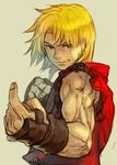  blonde_hair brown_eyes dougi eyebrows fighting_stance fingerless_gloves gloves hankuri ken_masters male_focus muscle pointing simple_background sleeveless smile solo street_fighter taunting 