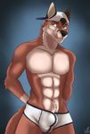  2016 abs anthro artic_wolf black_nose blue_eyes brown_fur brown_hair bulge canine cinta clothing eyebrows fur hair hands_behind_back hat licking licking_lips looking_aside male mammal muscular smile solo standing tight_underwear tongue tongue_out underwear white_fur wolf 