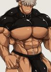  1boy abs bara bulge male_focus marototori muscle pecs solo sweat undressing 