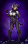  &gt;:) 1girl alternate_hair_color alternate_skin_color animal_ears barbariank black_fur black_hair bodysuit breastplate cat_ears cat_tail claws commentary covered_navel d.va_(overwatch) dark_skin facial_mark fangs full_body grin hand_on_hip head_tilt headphones heroes_of_the_storm highres long_hair looking_at_viewer monster_girl monsterification multicolored multicolored_clothes orange_eyes overwatch paws pigeon-toed pilot_suit purple_background purple_eyes ribbed_bodysuit shoulder_pads smile solo standing tail teeth whisker_markings 