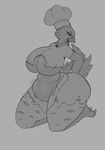  anthro asaneman avian belly big_breasts bird breasts chef_hat clothed clothing female grin half-closed_eyes hat monochrome open_mouth skimpy slightly_chubby smile solo thick_thighs voluptuous weight_gain 