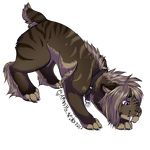  2017 alpha_channel amber_wind_(artist) brown_fur brown_stripes collar falla fangs feline female feral fluffy fur mammal paws purple_eyes saber-toothed_cat sabertooth_(feature) simple_background solo striped_fur stripes transparent_background 