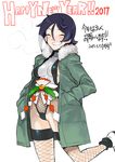  2017 black_hair blush breasts closed_eyes dated eyebrows_visible_through_hair fishnets green_coat hands_in_pockets happy_new_year kusada large_breasts looking_at_viewer new_year open_mouth original short_hair sideboob smile solo teeth thighhighs 