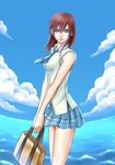  1girl bag blue_eyes kairi kairi_(kingdom_hearts) kingdom_hearts necktie red_hair school_uniform sea skirt sky 