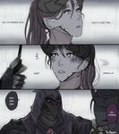  1girl 3koma alternate_costume artist_name comic commentary devil_mercy english hood horns jacket mask mercy_(overwatch) nevermore_reaper overwatch pun rain reaper_(overwatch) shisarou umbrella 