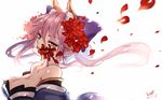  animal_ears breasts cleavage collarbone dated detached_sleeves fate/extra fate_(series) flower flower_in_mouth fox_ears hair_flower hair_ornament hair_ribbon japanese_clothes large_breasts long_hair looking_at_viewer looking_to_the_side petals pink_hair puyue ribbon signature simple_background solo tamamo_(fate)_(all) tamamo_no_mae_(fate) white_background yellow_eyes 