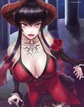  black_hair breasts cleavage demon_horns detached_sleeves dress eliza_(tekken) fangs flower frilled_skirt frills gradient_hair horns hybridmink large_breasts lipstick makeup multicolored_hair nail_polish pale_skin red_dress red_eyes rose short_hair sidelocks skirt slit_pupils solo spaghetti_strap tattoo tekken tekken_7 tekken_revolution vampire wide_sleeves 