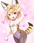  adapted_costume animal_ears black_legwear blonde_hair bow bowtie cowboy_shot detached_collar fang kemono_friends kemoribon kittysuit leotard looking_at_viewer multicolored_hair pantyhose paw_pose serval_(kemono_friends) serval_ears serval_print serval_tail short_hair solo strapless strapless_leotard striped_tail tail two-tone_hair wrist_cuffs yellow_eyes 