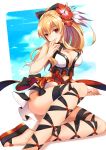  black_bow blonde_hair bow breasts cleavage criss-cross_halter cross-laced_footwear flower granblue_fantasy hair_bow hair_flower hair_ornament halterneck hand_to_own_mouth hibiscus highres large_breasts long_hair looking_at_viewer orange_eyes platform_footwear ponytail red_bow rx7649 slippers smile solo thighhighs vira_lilie 
