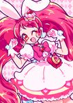  ;d animal_ears argyle argyle_background bow bunny_ears cake_hair_ornament choker cowboy_shot cure_whip dress extra_ears food_themed_hair_ornament gloves hair_ornament hairband kiku009 kirakira_precure_a_la_mode long_hair looking_at_viewer magical_girl one_eye_closed open_mouth pink_background pink_bow pink_hair precure red_choker red_eyes red_hairband smile solo twintails usami_ichika white_dress white_gloves 