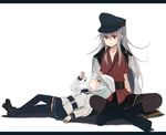  &gt;:) annin_musou belt black_border black_footwear black_legwear black_sailor_collar black_skirt blue_eyes boots border commentary_request gangut_(kantai_collection) hair_between_eyes hammer_and_sickle hat hibiki_(kantai_collection) indian_style jacket jacket_on_shoulders kantai_collection lap_pillow long_hair long_sleeves miniskirt multiple_girls pantyhose peaked_cap pleated_skirt red_eyes red_shirt remodel_(kantai_collection) sailor_collar scar school_uniform serafuku shirt shoes short_sleeves silver_hair simple_background sitting skirt sleeves_past_wrists smile teruterubouzu thighhighs v-shaped_eyebrows verniy_(kantai_collection) white_background white_hat white_jacket zettai_ryouiki 