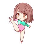  blush brown_eyes brown_hair chibi eyebrows_visible_through_hair girlfriend_(kari) green_leotard gymnast_leotard leotard looking_away pink_leotard ringo_(nanaprin) shiina_kokomi solo stretch sweatdrop 