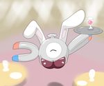  1girl animal_ears artist_request breasts bunny_ears bunnysuit cleavage drink eyes_closed floating glass happy magnemite magnet no_humans pokemon pokemon_(creature) pokemon_rgby simple_background solo 