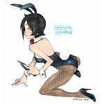  animal_ears black_hair blush bow bowtie bunny_ears bunny_girl bunny_tail bunnysuit dated eyebrows_visible_through_hair fake_animal_ears fake_tail fishnet_legwear fishnet_pantyhose fishnets holding holding_weapon kunai kusada looking_at_viewer open_mouth original pantyhose red_bow red_eyes red_neckwear seiza sitting smile solo tail teeth weapon wrist_cuffs 